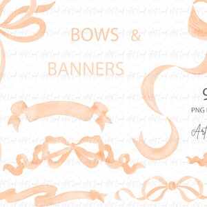 May include: Watercolor illustrations of peach-colored bows and banners on a white background. The image includes various bow designs, ribbons, and banner shapes. Text on the image reads "BOWS & BANNERS" and "9 PNG FILES". The artist's name "Art Land" is also visible.