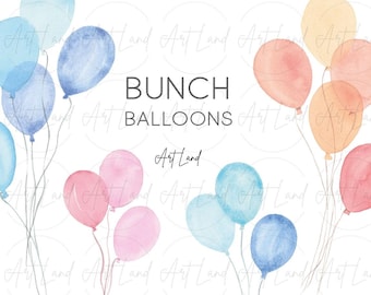 Clipart aquarel ballonnen – 6 handgeschilderde pastelkleurige ballon-png's voor decor verjaardagsfeestje, uitnodigingen, gratis commercieel gebruik