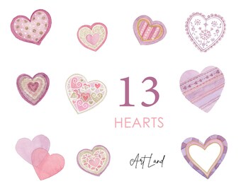 May include: Thirteen watercolor hearts in various shades of pink and white with different patterns. The hearts are arranged in a random pattern on a white background. The text "13 Hearts" and "Art Land" are written in pink below the hearts.