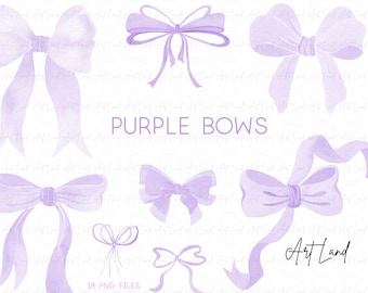 Watercolor Purple Bow Clipart - Hand-Painted Ribbon Bows PNG, Digital Download