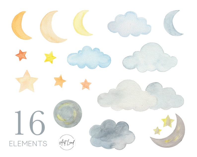 May include: Watercolor clipart set of 16 elements, including moons, clouds, and stars in shades of blue, yellow, and orange. The set is perfect for adding a whimsical touch to your designs.