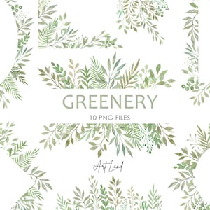 Watercolor Greenery Rahmen & Border Clipart - 10 handgemalte grüne Blätter und Zweige PNGs für DIY Basteln, Einladungen, freie kommerzielle Nutzung