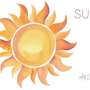 May include: A watercolour painting of a sun with orange and yellow rays. The word "SUN" is written in red text above the sun. The text "Art Land" is written in black text below the sun.