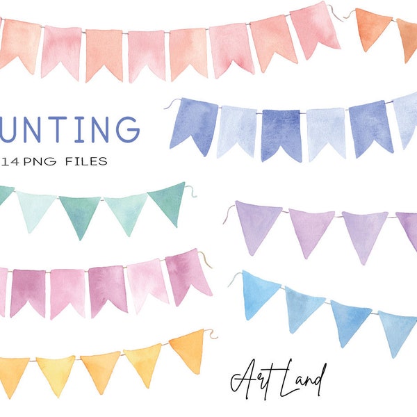 Watercolor Bunting Clipart, Watercolor Banners, Birthday Banner Clipart, Hand painted Watercolour Clipart, Clip Art, PNG