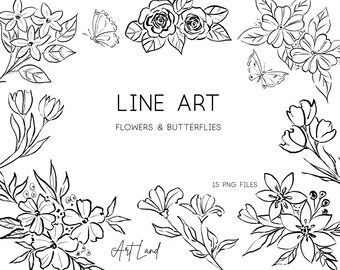 Line Art Floral: 15 Hand-Drawn Elements (SVG, PNG, Digital Download, Free Commercial Use, No-AI)