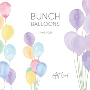 May include: A set of 3 watercolor illustrations of pastel colored balloons. The balloons are in various shapes and sizes. The text "Bunch Balloons" and "3 PNG Files" is included in the image.