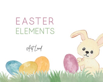 Conjunto de imágenes prediseñadas de Pascua en acuarela: 18 imágenes PNG de conejos, huevos y primavera en tonos pastel pintadas a mano para manualidades, tarjetas y uso comercial gratuito.