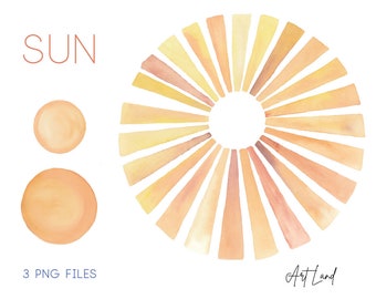 Watercolor Sun Clipart – 3 Hand-Painted Yellow Orange Sun PNGs for Summer DIY, Core & Sunshines, Vacation Crafts, Free Commercial Use
