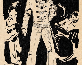 May include: Black and white illustration of a man singing into a microphone. He is wearing a suit with a high collar and a belt. The background is dark and there are other people in the background.