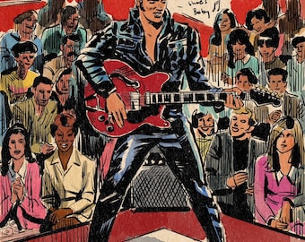 May include: A black and white illustration of Elvis Presley performing on stage with a guitar. He is wearing a black leather jacket, black pants, and black shoes. He is singing into a microphone and playing a red electric guitar. The stage is surrounded by a crowd of people. The text "ELVIS" is written in large letters above the stage. The lyrics "Blue, Blue Suede Shoes, Baby" are written in a speech bubble above Elvis's head.