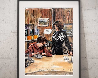 以下が含まれることがあります： ダイナーの雰囲気の中で、2人の女性を描いた手描きのイラスト。1人の女性はテーブルに座ってコーヒーカップを持っており、もう1人の女性は立って「こんにちは！」と言っています。イラストは水彩画のスタイルで、茶色、黒、白の色で描かれています。