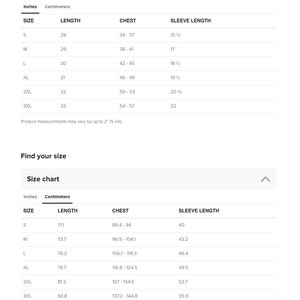 May include: Size chart for clothing with measurements in inches and centimeters. The chart shows sizes S through 3XL with corresponding length, chest, and sleeve length measurements.