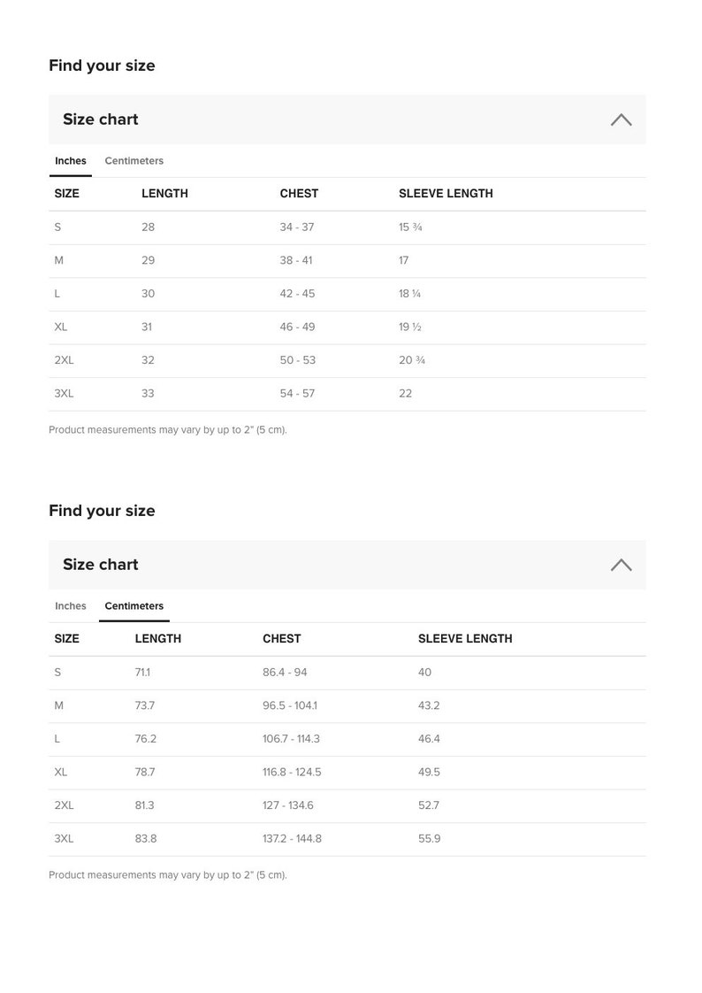 May include: Size chart for clothing with measurements in inches and centimeters. The chart shows sizes S through 3XL with corresponding length, chest, and sleeve length measurements.