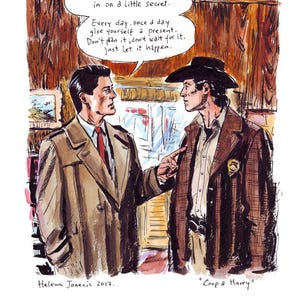 Puede incluir: Ilustraci&oacute;n en acuarela de dos hombres en una habitaci&oacute;n. Uno con abrigo beige y corbata roja, el otro con chaqueta a cuadros marr&oacute;n y sombrero de vaquero. Texto en bocadillo: "Harry, I'm gonna let you in on a little secret."