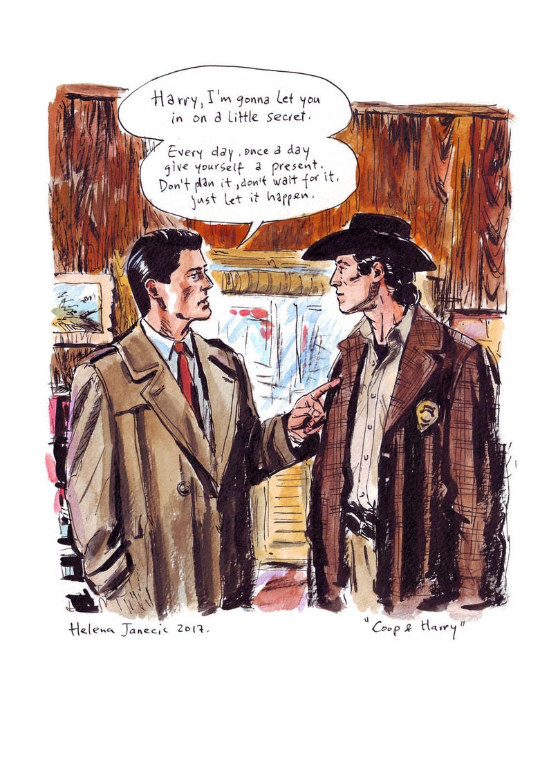 Puede incluir: Ilustraci&oacute;n en acuarela de dos hombres en una habitaci&oacute;n. Uno con abrigo beige y corbata roja, el otro con chaqueta a cuadros marr&oacute;n y sombrero de vaquero. Texto en bocadillo: "Harry, I'm gonna let you in on a little secret."