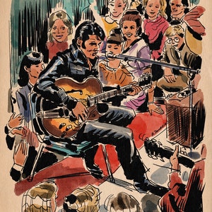 Puede incluir: Una ilustración de acuarela de un hombre tocando una guitarra marrón y dorada frente a un grupo de personas. El hombre lleva una chaqueta de cuero negra y pantalones negros. Las personas en el fondo llevan ropa de varios colores y estilos. La ilustración está firmada "H. Janecic 24".