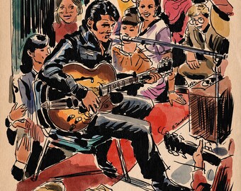 May include: A watercolor illustration of a man playing a brown and gold guitar in front of a group of people. The man is wearing a black leather jacket and black pants. The people in the background are wearing various colors and styles of clothing. The illustration is signed "H. Janecic 24".