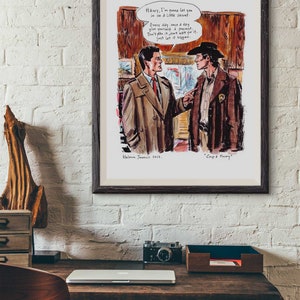 Puede incluir: Impresi&oacute;n art&iacute;stica enmarcada con una ilustraci&oacute;n de estilo c&oacute;mic de dos hombres en una habitaci&oacute;n. Un hombre con abrigo beige y corbata roja habla con un hombre con chaqueta y sombrero marrones. Texto en bocadillo: "Harry, te voy a contar un peque&ntilde;o secreto."
