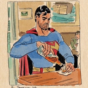 Può includere: Un'illustrazione disegnata a mano di Superman che versa una bevanda da una bottiglia in un bicchiere. Indossa il suo iconico costume rosso e blu con il logo di Superman sul petto. L'illustrazione è realizzata in stile cartone animato con lavaggi ad acquerello.