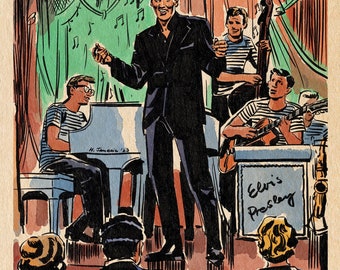 May include: A watercolor illustration of a band performing on stage. The lead singer is wearing a black suit and singing into a microphone. The band is playing instruments, including a guitar, bass, and piano. The stage is decorated with musical notes and a sign that says "Elvis Presley". The audience is watching the performance from the front row.