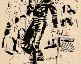 May include: Black and white line drawing of a man singing into a microphone in front of a crowd of people. The man is wearing a black suit and has a pompadour hairstyle. The drawing is signed "H. Janeczko '23".