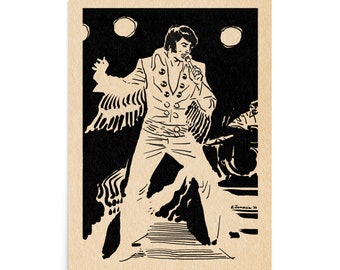 May include: Black and white illustration of Elvis Presley performing on stage with a microphone. The image is in a retro comic book style.