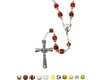 CHOOSE Your SPORT Rosary made w/Ceramic Sport beads & Austrian Crystals - Includes Rosary Pouch, "How to Pray the Rosary"