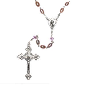 Pink Freshwater PEARL Rosary CHOOSE Silver or Gold-Accented w/Austrian Crystals -Incl Pearl meaning, Rosary Pouch, &quot;How to Pray the Rosary&quot;