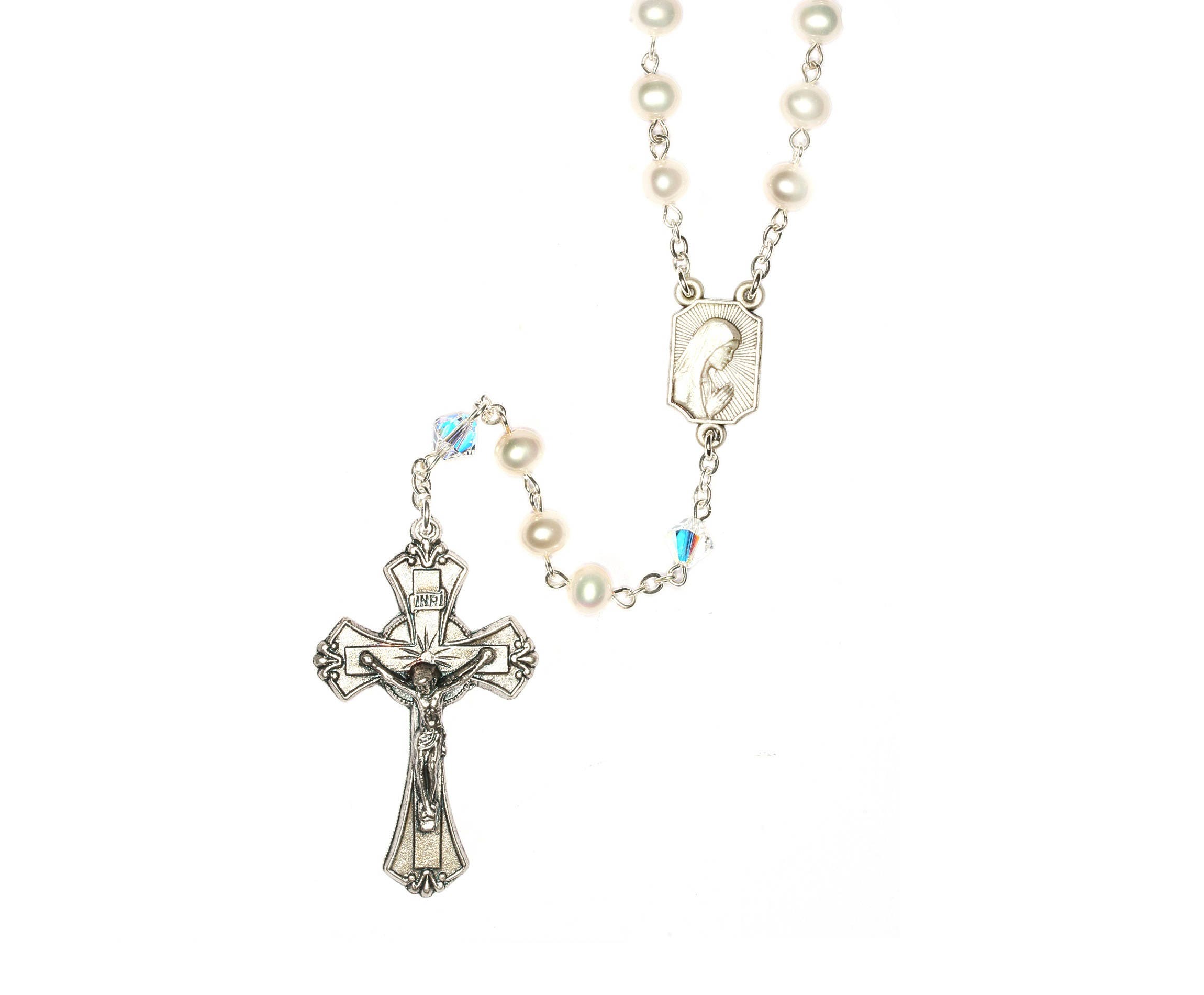 Freshwater PEARL w/Austrian Crystals Rosary CHOOSE Silver or Gold  - June - Includes Pearl meaning, Rosary Pouch, "How to Pray the Rosary"