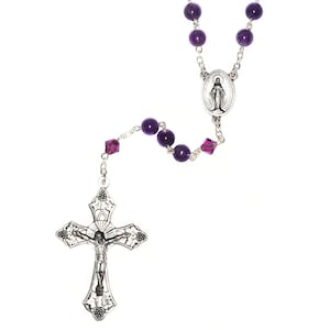 AMETHYST Gemstone Rosary CHOOSE Silver or Gold -Accented w/Austrian Crystals -Includes stone meaning, Rosary Pouch, &quot;How to Pray the Rosary&quot;