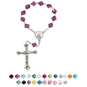 Rosario tascabile o automatico da una decina di cristalli austriaci - SCEGLI il tuo COLORE - Include immagine sacra e significato del mese di nascita, se applicabile - Idea regalo