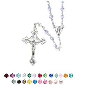 Austrian CRYSTAL Silver Plate Rosary / Rosario - CHOOSE - Includes Rosary Pouch, &quot;How to Pray the Rosary&quot;, birth month meaning, Gift idea