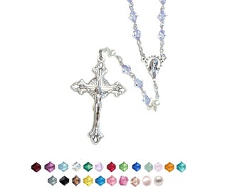 CHOOSE Your Silver Plate COLOR Austrian Crystal Rosary -Includes Rosary Pouch, "How to Pray the Rosary", birth month meaning when applicable