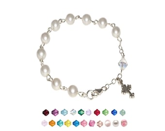 CHOOSE your COLOR Austrian CRYSTAL Or Glass Sterling Silver Girl's Rosary Bracelet-Includes Holy Card & birth month meaning when applicable