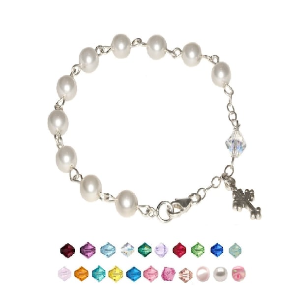 Bracelet chapelet pour fille en argent sterling ou en cristal autrichien au choix de votre couleur - Carte sainte et signification du mois de naissance incluses, le cas échéant