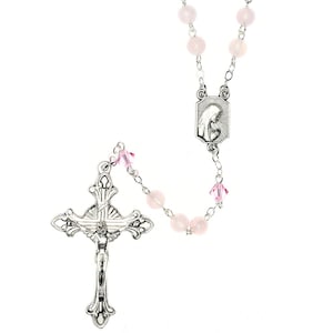 ROSEQUARTZ Gemstone Rosary CHOOSE Silver or Gold-Accented w/Austrian Crystals-Includes stone meaning, Rosary Pouch, &quot;How to Pray the Rosary&quot;