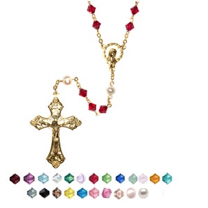 Austrian CRYSTAL Gold Finish Catholic Rosary/Rosario -CHOOSE- Includes Rosary Pouch, &quot;How to Pray the Rosary&quot;, birth month meaning -Occasion