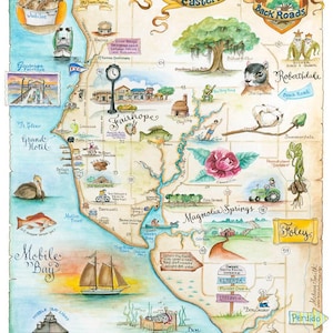 Handgezeichnete Karte von Fairhope, Alabama, Daphne, Magnolia Springs, Baldwin County, Alabama