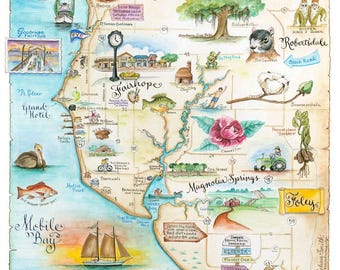 Mapa dibujado a mano de Fairhope, Alabama, Daphne, Magnolia Springs, Costa Este, Condado de Baldwin, Alabama