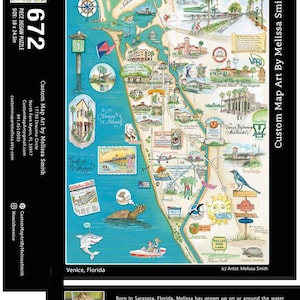 May include: 672-piece jigsaw puzzle featuring a colorful, hand-drawn map of Venice, Florida, by Melissa Smith. The map includes local landmarks, illustrations, and the text "Venice, Florida". The puzzle measures 18 x 24.5 inches.