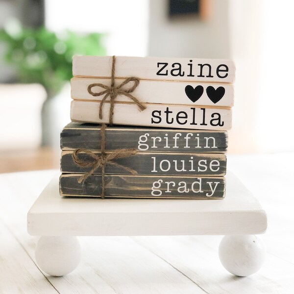 i com books name Mini Wood Books, Personalized Name Books, Tiered Tray Decor, Shelving Decor