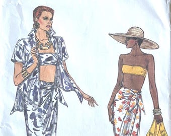Vogue Very Easy, Misses' Resort Wear - Shirt, Wrap Beach Skirt and Bandeau Bra Top; Pattern 9298, Vintage 80s