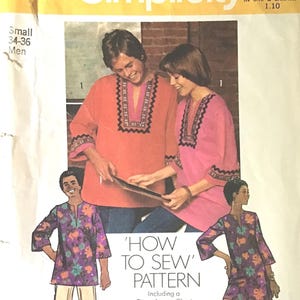 May include: Simplicity pattern 5828, a vintage sewing pattern for tunic tops. The cover displays illustrations of the finished garments in orange, pink, and floral patterns. The pattern includes instructions for sizes 34-36.