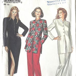 May include: A vintage New Look sewing pattern envelope, showing illustrations of three women in different outfits. The designs include a black dress with a high slit, a floral print jacket and red trousers, and a white suit. The size range is 8-18.
