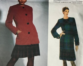 Vogue, Designer Bill Blass, Women/Misses Petites, Jacket Below Hip & Dress with Pleated Flounce, Sizes 6,8,10, UNCUT, Factory-Folded.