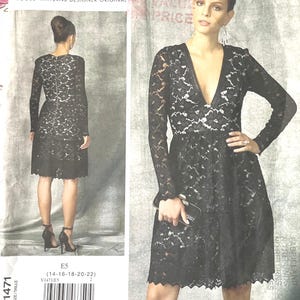 May include: A black lace dress pattern by Nicola Finetti, V1471, with long sleeves and a V-neck. The pattern includes sizes E5 (14-16-18-20-22). The Vogue Patterns Designer Original pattern is shown on a model.