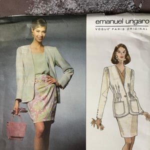May include: A woman in a light green top, a light green blazer, and a patterned skirt, holding a pink purse and wearing green shoes. A sewing pattern illustration shows a cream suit with the text "emanuel ungaro VOGUE PARIS ORIGINAL."
