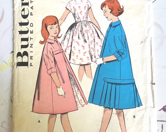 Butterick, Copyright 1959, Girls' Dress & Coat Ensemble, Size 12, Breast 30, Pattern 8855.