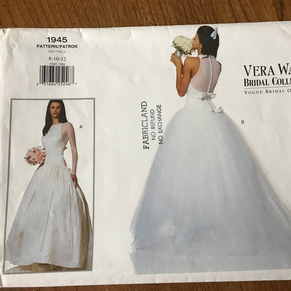 Vogue Bridal Gown/Dress, Designer Vera Wang, Sizes 8,10,12, Pattern 1945, Uncut