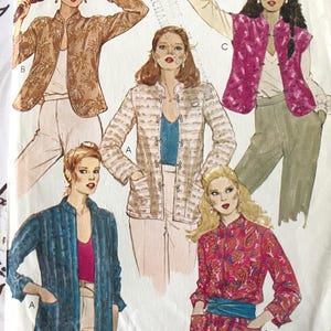 May include: A vintage McCall's sewing pattern featuring illustrations of women's jackets and tops. The designs include a floral print jacket, a striped jacket, a pink vest, a blue jacket, and a paisley print top. The pattern is from Norton Simon Inc Company.